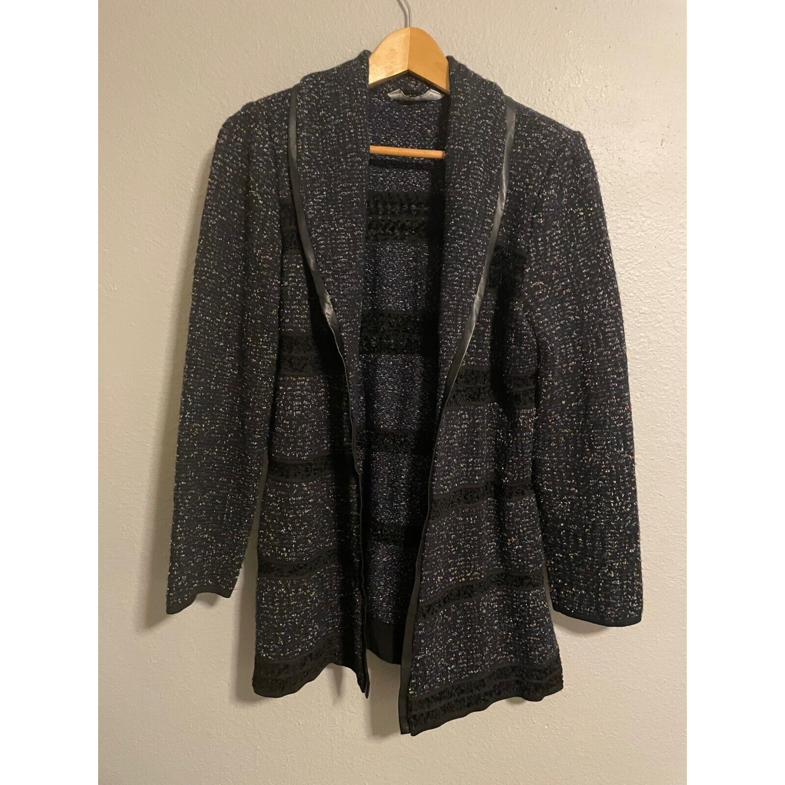 Ming Wang Womens Cardigan Large Dark Navy Faux Leather Trim Open Front Mature